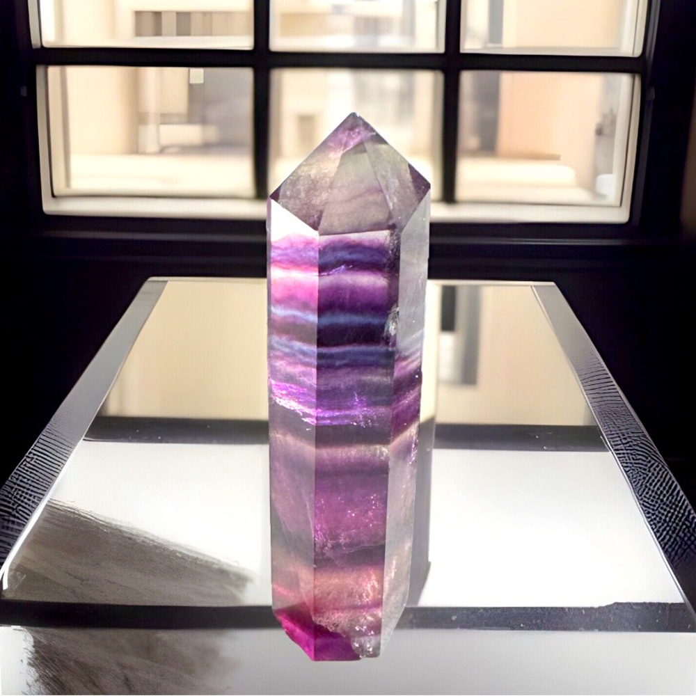 11.9g Natural Rainbow Fluorite Crystal Wand Obelisk Reiki Point Tower Altar Di…